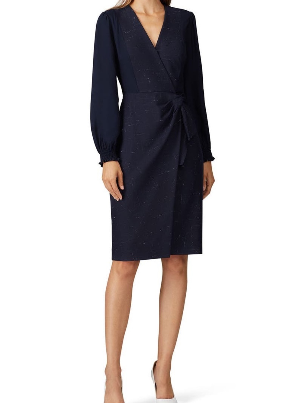 Tailored Rebecca Taylor Navy Wrap Crosshatch Faux Wrap Midi Dress with Tie Waist